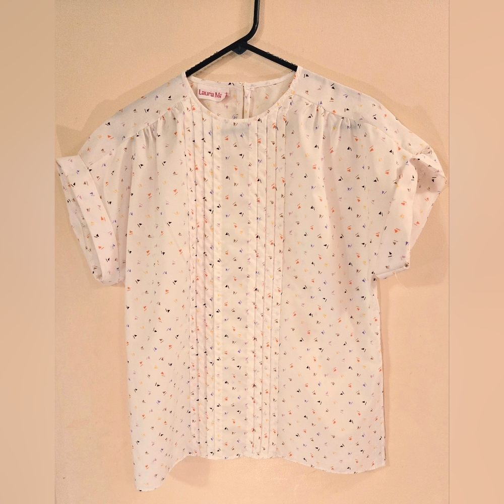 Vintage Laura Mae Blouse - Short Sleeve - Lively Triangle Allover Print - Size M